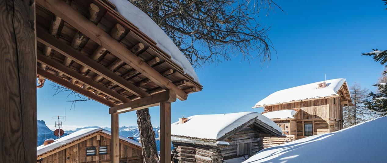 Several wooden chalets in the snow