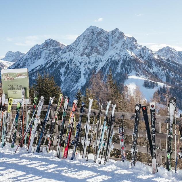 Skis leaning against a wooden fence with snow-covered mountains in the background.
