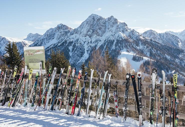 Skis leaning against a wooden fence with snow-covered mountains in the background.