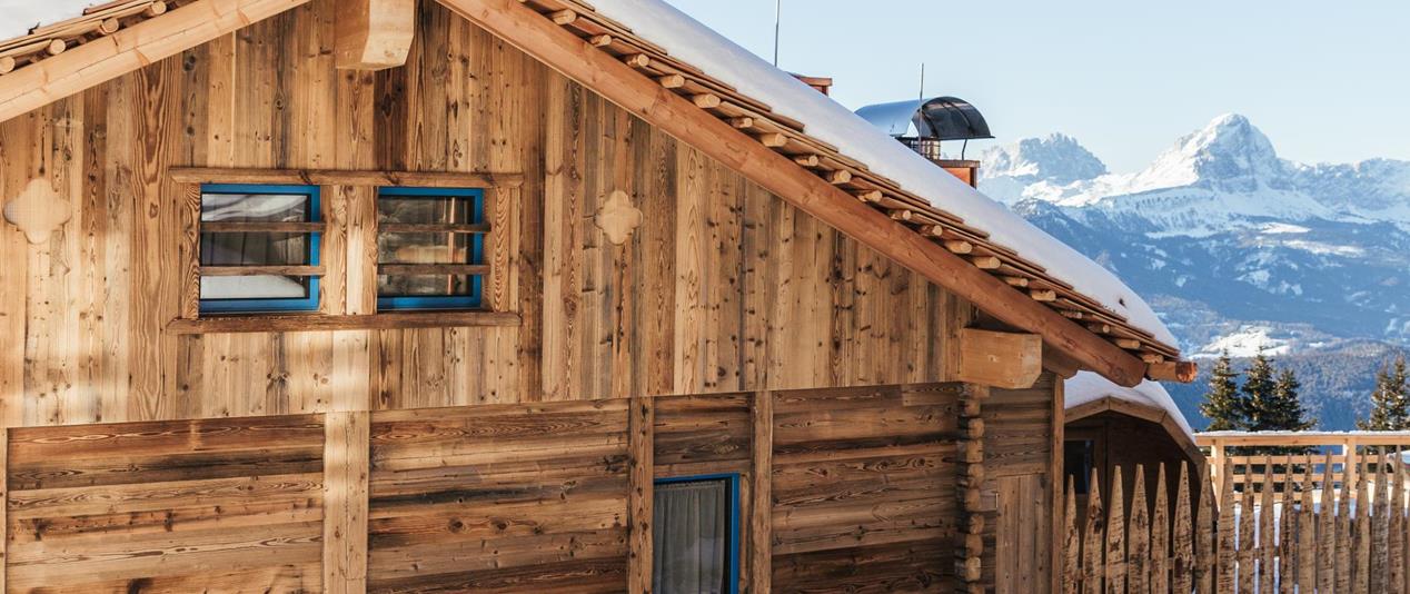 Wooden chalet Ciasa Grazia in a snowy winter landscape
