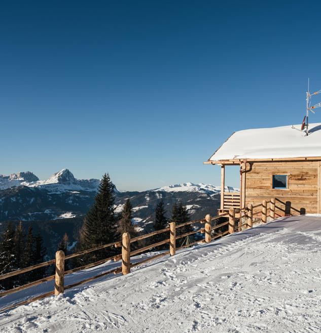 Ausblick vom Holzchalet Ciasa Grazia im Winter
